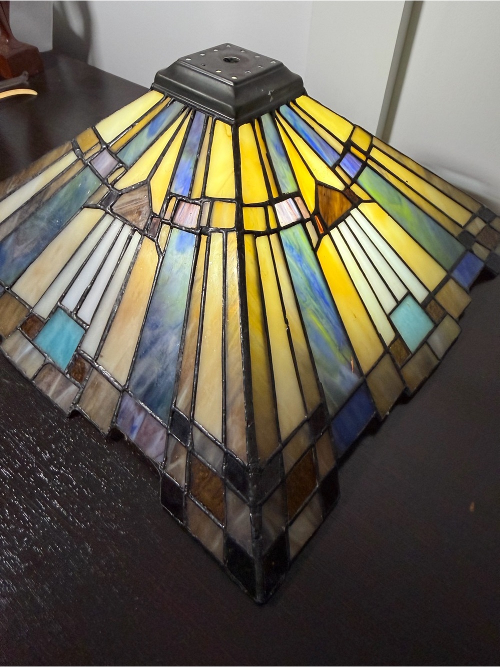 Artisan Stained Glass Pyramid Lamp Shade - Yellow, Blue & Cream